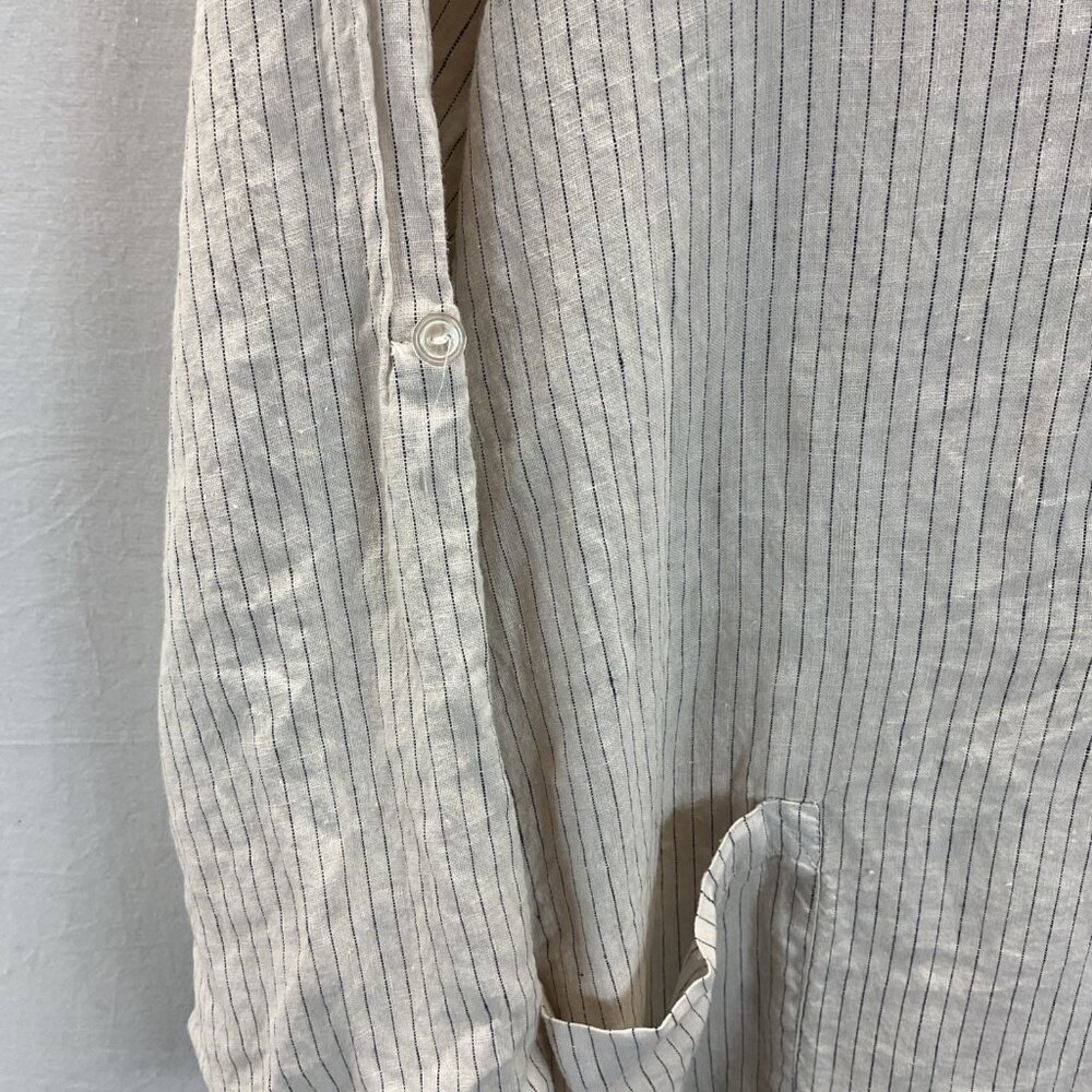 Le Paris Petit Linen pocket oversized tunic dress ivory striped‎ 3/4 sleeve MED - Picture 4 of 13
